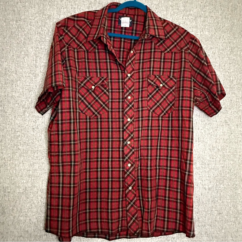 Vintage Wrangler Western Red Plaid Men's Short Sleeve Shirt Pearl Snap XXL